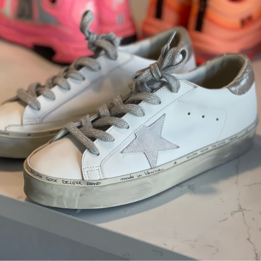 Golden Goose White and Silver Star Sneakers